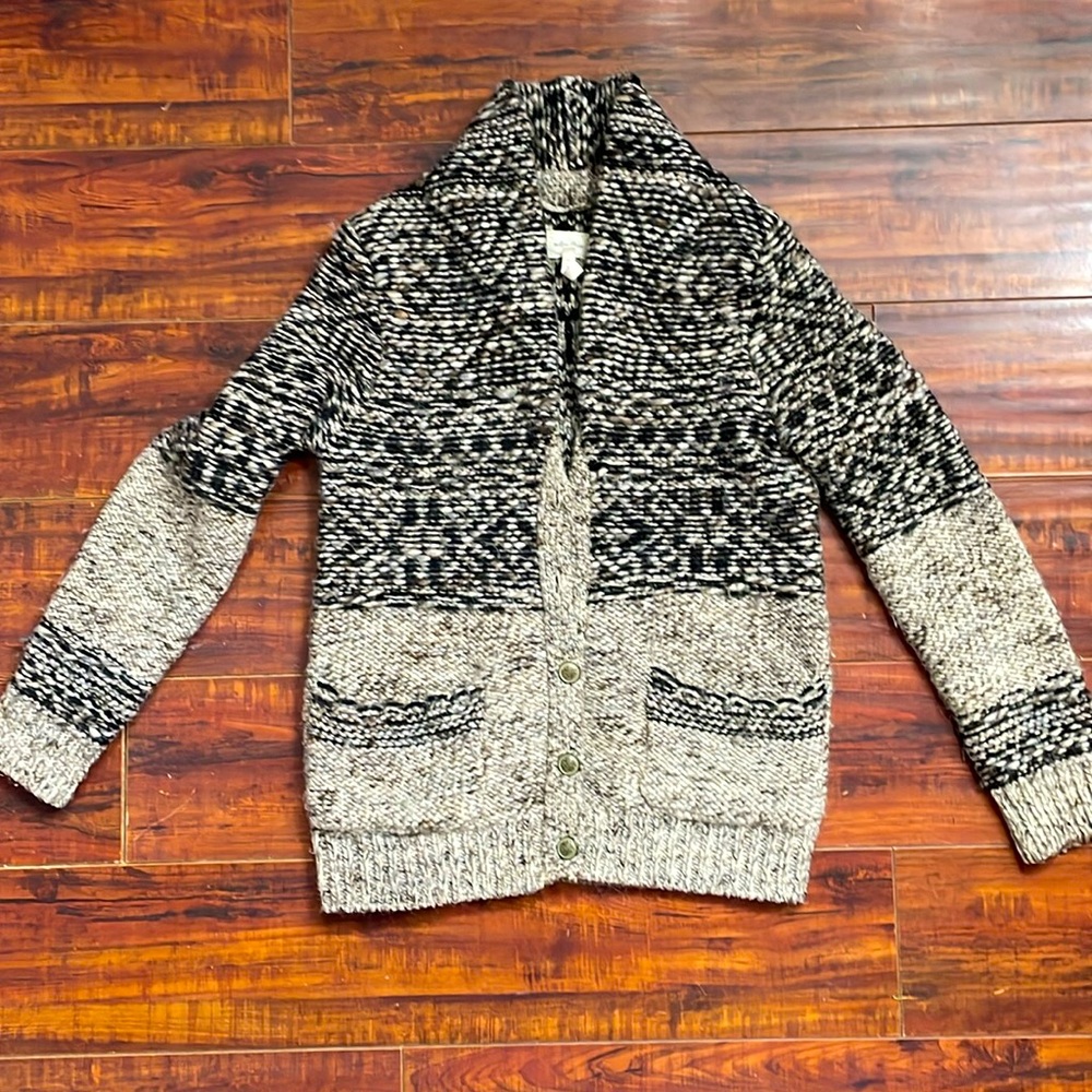 Wilfred Free Cowichan style cardigan in black and browns, size small.